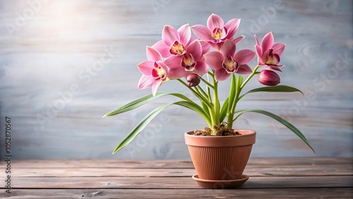 Pink cymbidium orchid in pot with forced perspective