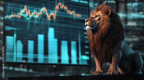 Lion giving a financial speech with market data projected in the background