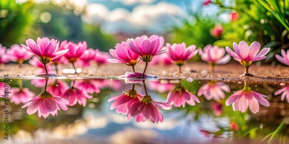Obraz premium Pink flowers reflecting in water puddle enhancing natural landscape from worm's eye view