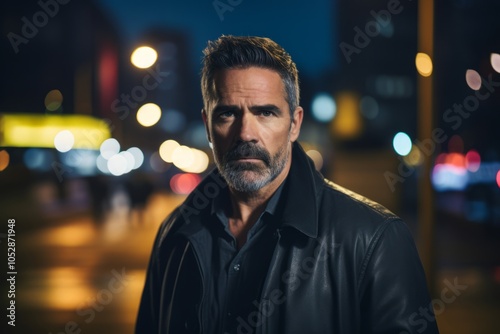 Portrait of a handsome middle-aged man with a beard and mustache in a black leather jacket in the city at night