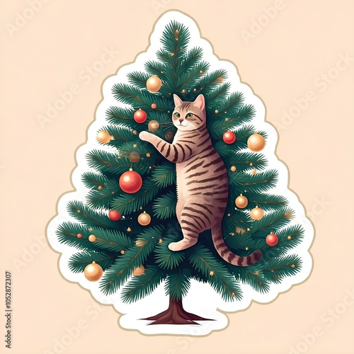 Christmas tree sticker funny cute cat climbing up it ornaments white background graphic resource