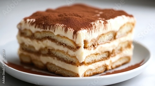 Savor a classic tiramisu, elegantly served on a white plate. iconic Italian dessert layers coffee-soaked ladyfingers and rich mascarpone, dusted with cocoa. A perfect treat!