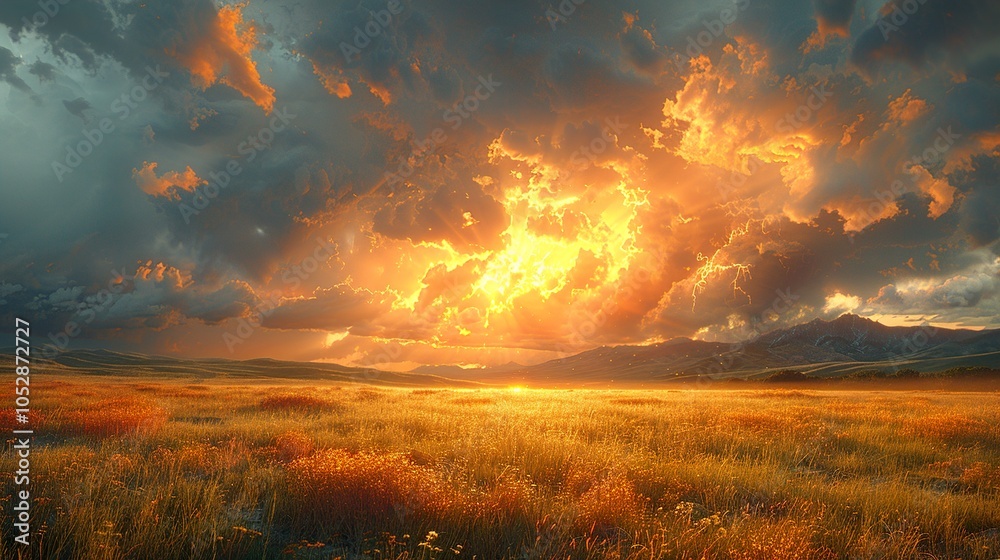 Golden Hour Sunset Over a Lush Grassland Golden Hour Sunset Over a Lush Grassland