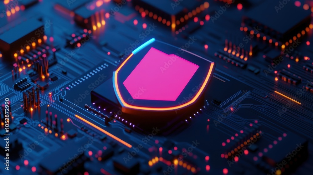 Fototapeta premium A close-up of a futuristic microchip features a shield symbol with a glowing pink center and blue outline, representing cybersecurity.