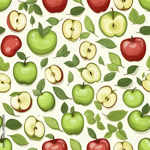 Vibrant Apple Pattern with Green and Red Apples on Light Background, Featuring Whole Apples, Halved Apples, and Leaves, Fresh Fruit Illustration in a Playful, Organic Style