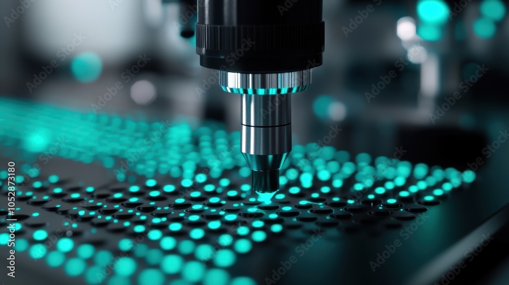 A close-up of a precision instrument dispensing a glowing turquoise liquid onto a patterned surface. A close-up of a precision instrument dispensing a glowing turquoise liquid onto a patterned surface.