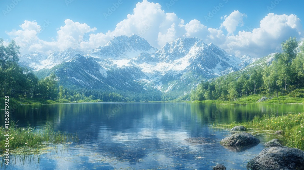 Serene mountain landscape with lake and lush greenery. Serene mountain landscape with lake and lush greenery.