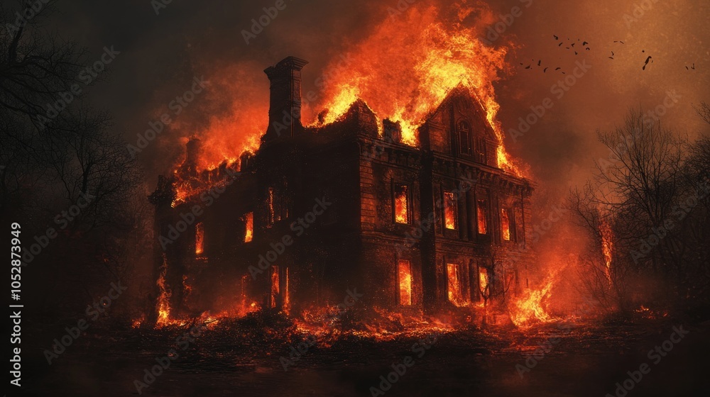 A large, old house engulfed in flames, set against a dark, stormy sky. Birds fly away from the inferno. A large, old house engulfed in flames, set against a dark, stormy sky. Birds fly away from the inferno.
