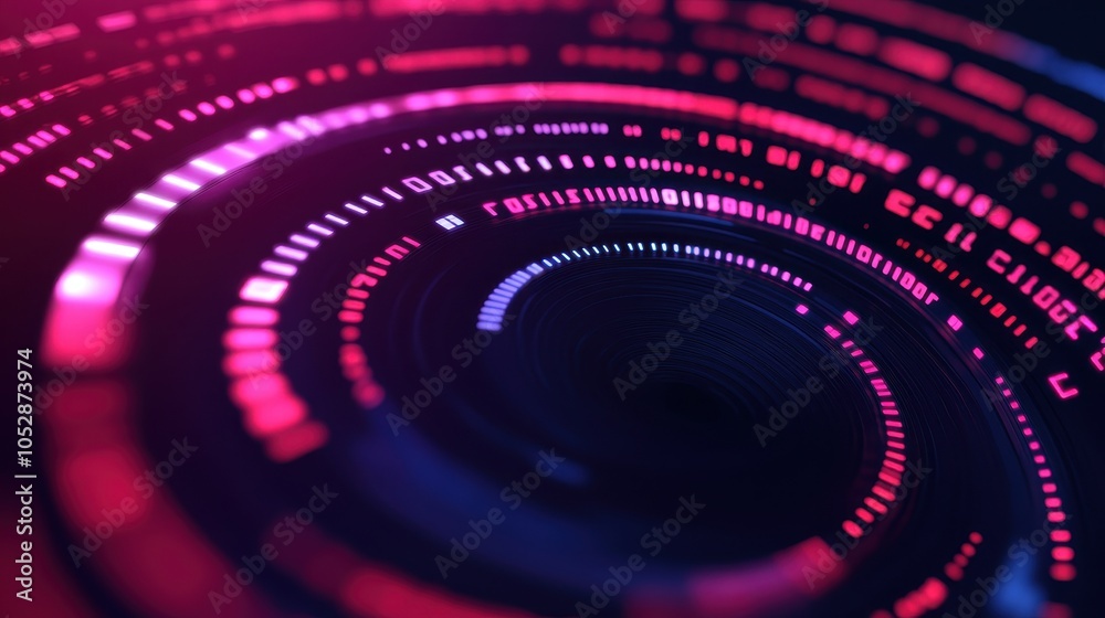 Obraz premium A mesmerizing abstract digital tunnel with swirling binary code and vibrant neon colors. Deep blues and bright pinks create depth, evoking immersion in a high-tech realm.