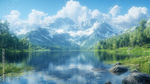 Serene mountain landscape with lake and lush greenery.