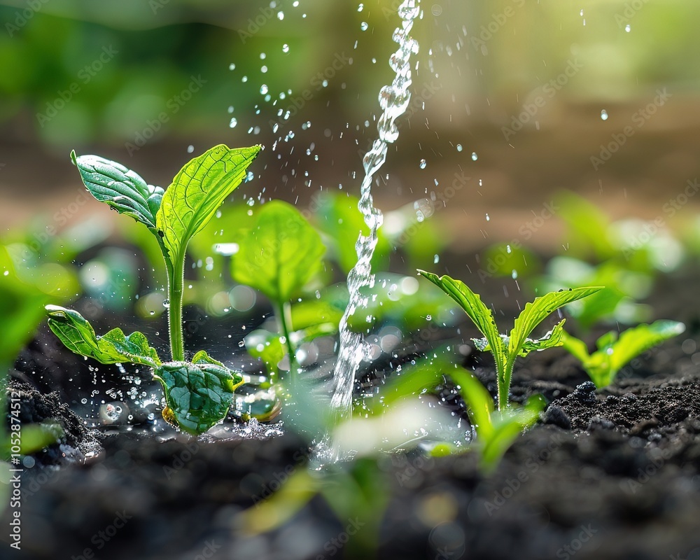 A vibrant close-up of young green plants emerging from dark soil, glistening with water droplets under gentle sunlight, embodies growth and the nurturing essence of nature. A vibrant close-up of young green plants emerging from dark soil, glistening with water droplets under gentle sunlight, embodies growth and the nurturing essence of nature.