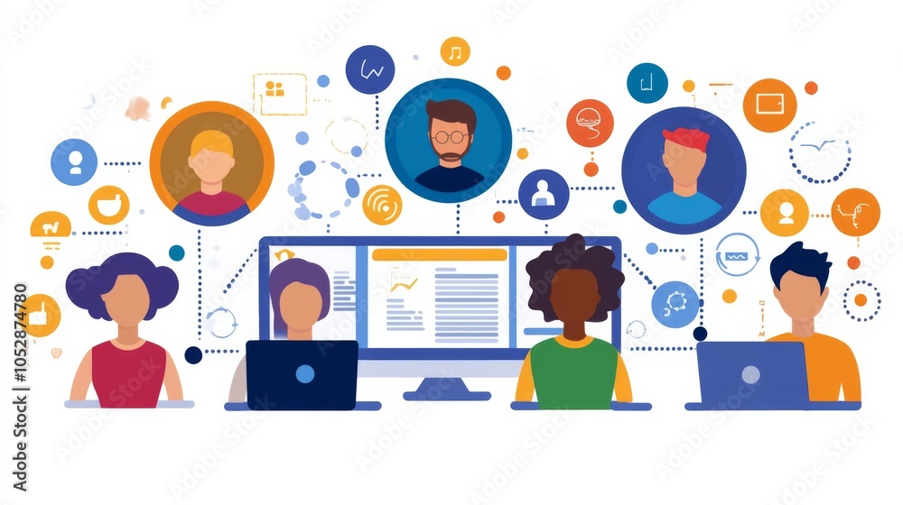 Team Collaboration in Digital Workspace Illustration Team Collaboration in Digital Workspace Illustration