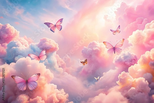 Fototapeta Naklejka Na Ścianę i Meble -  Pink pastel cloud with butterflies on sky background abstract texture wallpaper