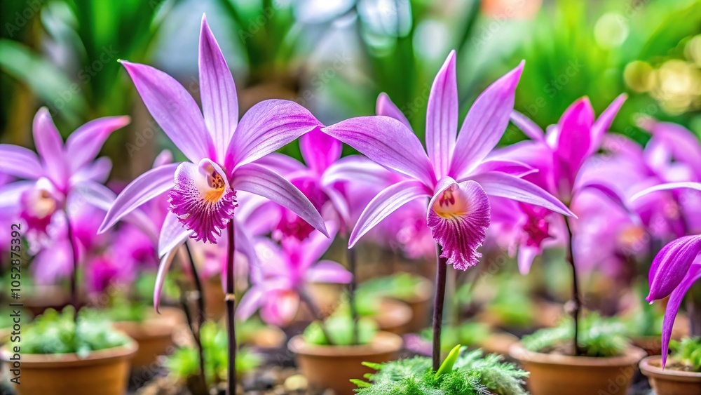 Pink Pleione tibesti orchid plants in bloom Pink Pleione tibesti orchid plants in bloom