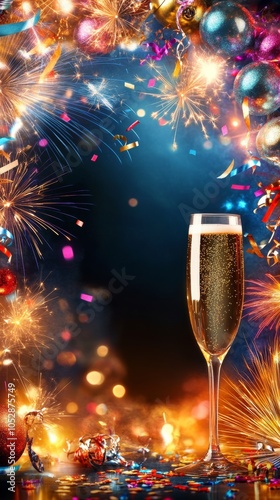 Champagne Wishes & Fireworks: A toast to the New Year with a sparkling glass of champagne surrounded by celebratory fireworks and confetti. perfect for holiday greetings, new year's eve.