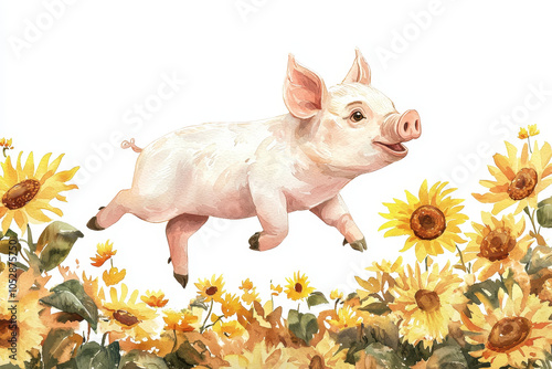 A joyful pig leaps among vibrant sunflowers, creating a cheerful and playful scene filled with nature's beauty.
