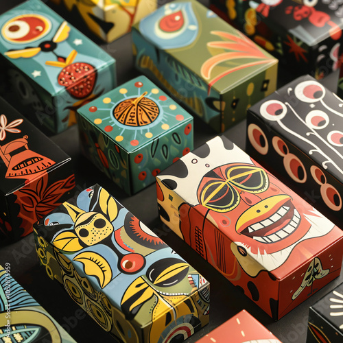 Modern retro snack packaging vibrant colors geometric patterns,trendy abstract illustration brand marketing, playful bold design food product,box,stand,display,modern,pouch,handel,nostalgia,carttoon,