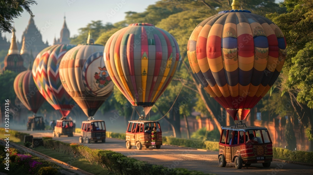 Obraz premium Colorful Hot Air Balloons Over Ancient Temples in Myanmar
