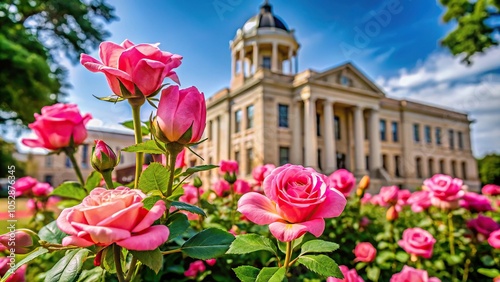 Pink roses in focus with Smith County Courthouse, Tyler TX in the background