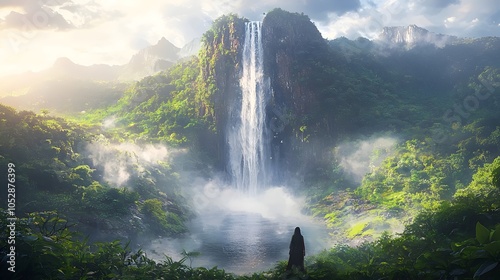 A serene scene of a woman standing in awe before a majestic waterfall, surrounded by lush greenery and misty mountains, capturing the beauty of nature's tranquility. photo