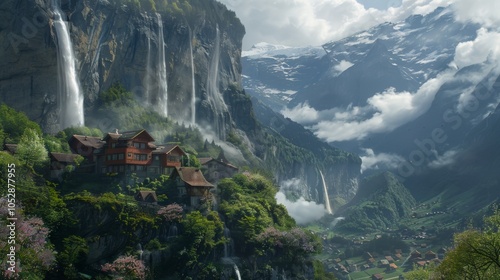Majestic Mountain Village with Cascading Waterfalls and Snowy Peaks
