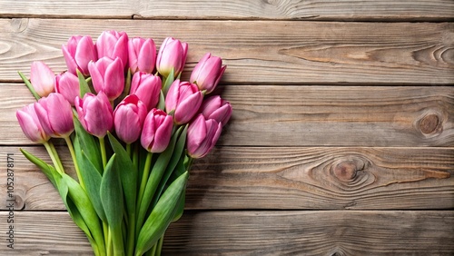 Pink tulips bouquet on wooden background