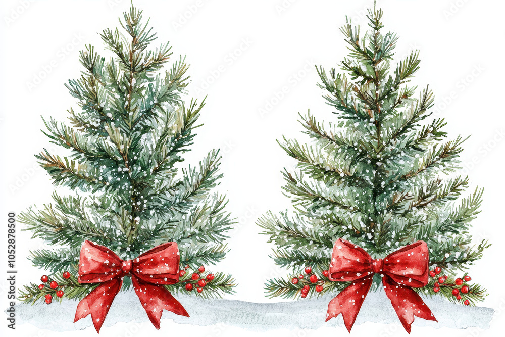 Two festive Christmas trees adorned with red bows, surrounded by snow, conveying a cozy winter atmosphere. Two festive Christmas trees adorned with red bows, surrounded by snow, conveying a cozy winter atmosphere.