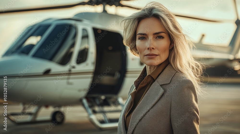Successful intelligent smart elegant young businesswoman near helicopter on golf court. Woman in business, ceo director female, success, career, good deal luxury lifestyle concept Successful intelligent smart elegant young businesswoman near helicopter on golf court. Woman in business, ceo director female, success, career, good deal luxury lifestyle concept
