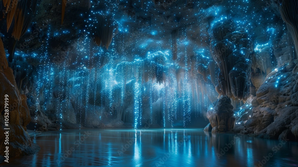 Obraz premium Bioluminescent Cave with Water Reflection and Stalactites