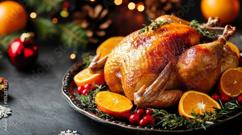 Christmas and Thanksgiving traditional baked chicken. Whole roasted chicken for holiday dinner, with oranges and thyme, on Christmas or