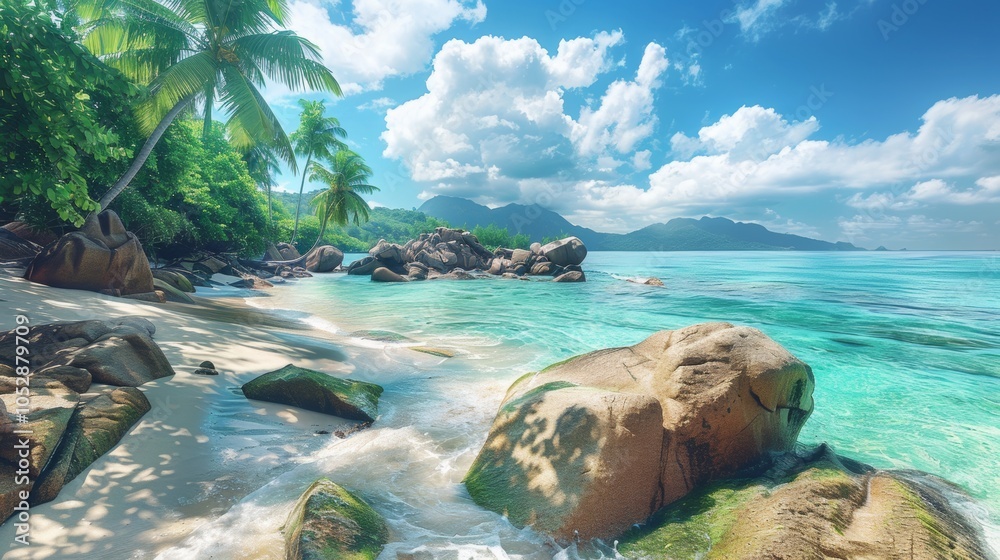 Obraz premium Tropical Beach Paradise with Palm Trees White Sand and Clear Turquoise Water