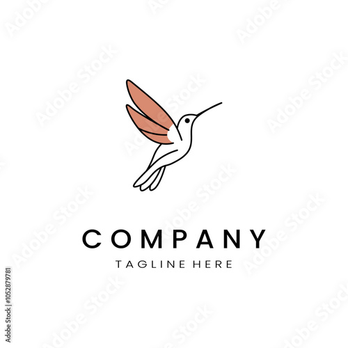 minimalistic and simple hummingbird vector line art with a bit of color, on a white background