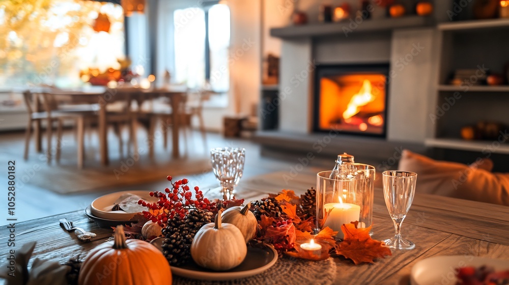 Cozy Autumn Table Setting with Warm Fire and Pumpkins Cozy Autumn Table Setting with Warm Fire and Pumpkins