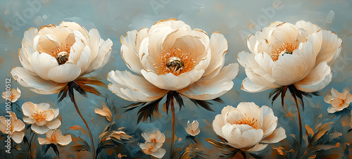 Fototapeta Naklejka Na Ścianę i Meble -  white peonies, gold foil accents, modern art style, three-panel wall painting, white background, canvas texture, soft tones, floral pattern, floral design