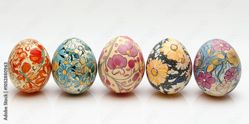 Five hand-painted easter eggs showing floral decoration on white background Five hand-painted easter eggs showing floral decoration on white background
