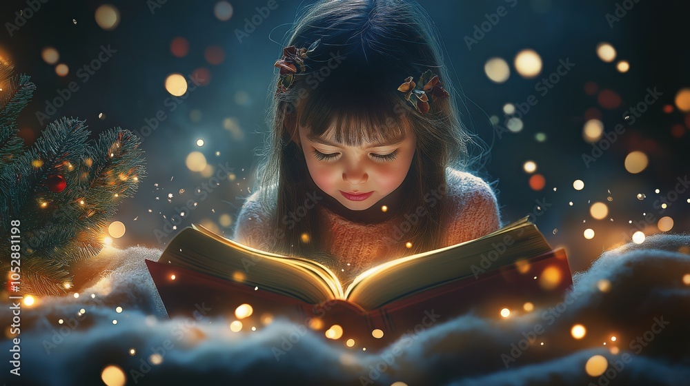 A girl around 10 years old enjoys a book by warm light, surrounded by festive decorations and a cozy blanket. The scene radiates warmth and invites everyone to embrace reading joyfully. A girl around 10 years old enjoys a book by warm light, surrounded by festive decorations and a cozy blanket. The scene radiates warmth and invites everyone to embrace reading joyfully.