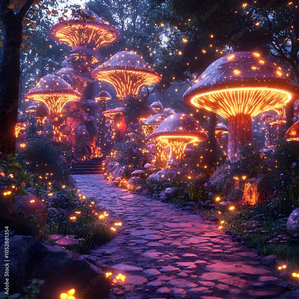 Fototapeta premium A magical nighttime scene featuring vibrant, glowing mushrooms illuminating a winding stone path in an enchanted forest, creating a whimsical and serene atmosphere.