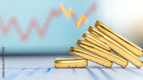 Closeup of stacked gold bullion with upwardtrending arrows and market lines in the background, highlighting gold s rising investment appeal photo