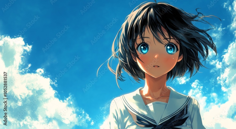 Obraz premium A cute girl with blue eyes and short dark hair wearing a white school uniform stands against a bright blue sky background, captured from the shoulders up, exuding a cheerful and youthful vibe.