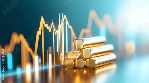 Highangle view of gold bullion on a reflective surface with subtle, overlaying trend lines, representing the steady growth of bullion as an asset photo