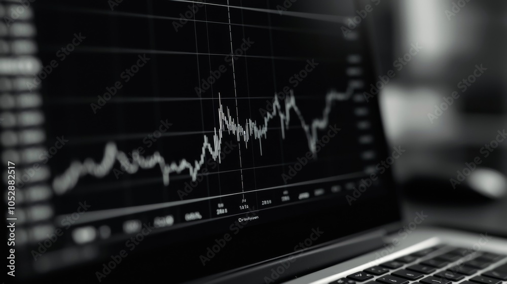 Detailed close-up of a fluctuating stock symbol on a laptop Detailed close-up of a fluctuating stock symbol on a laptop
