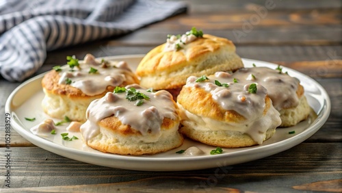 Plate of fluffy buttermilk biscuits served with sausage gravy Panoramic