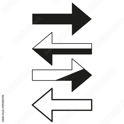 Three arrow icons. Bold and outlined arrow designs. Right and left directions. Vector illustration.