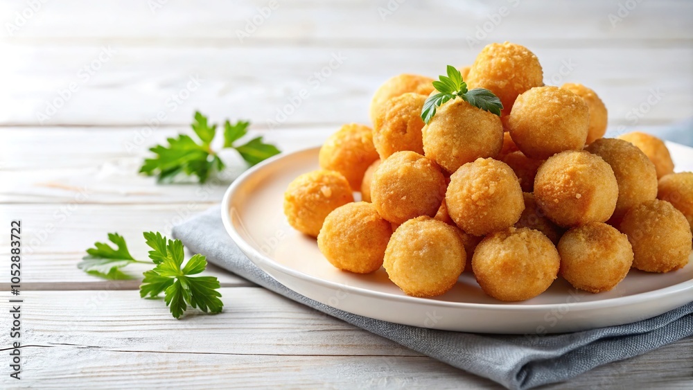 Plate of fried cheese balls on white table Plate of fried cheese balls on white table