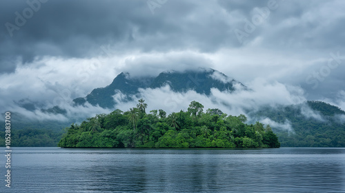 Moody Cloud-Covered Sky Over the Island, Creating a Mysterious, Almost Haunting Atmosphere as the Island’s Jungle Peaks Out