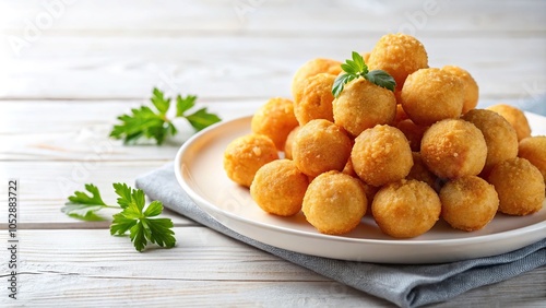 Plate of fried cheese balls on white table