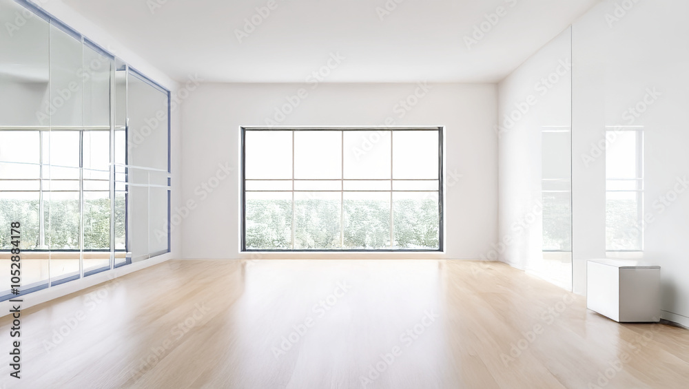Fototapeta premium Minimalist Empty Room with Large Window and Hardwood Flooring