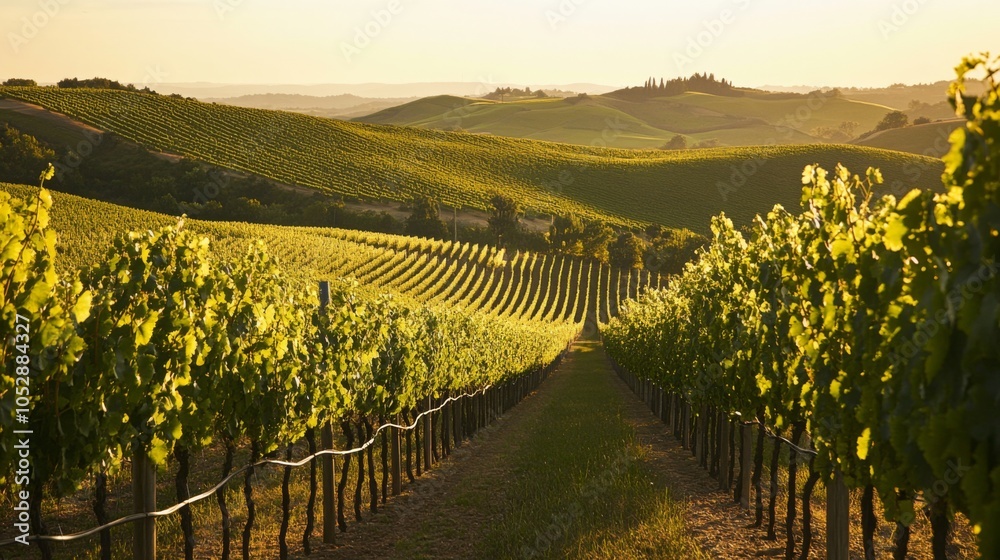 Naklejka premium Serene Vineyard with Rolling Hills at Sunset