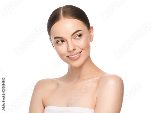 Beauty woman face with brown eyes looking aside. Skin care treatment or cosmetic ads concept. Beautiful female model with perfect clean skin photo