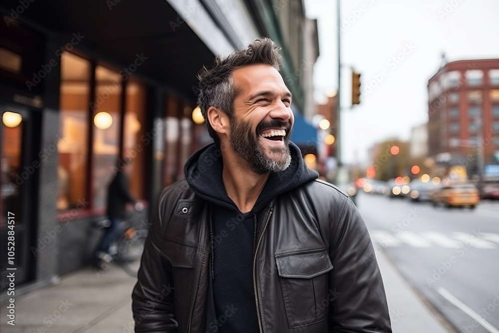 Portrait of a handsome man laughing in a city street. Man wearing a leather jacket. Portrait of a handsome man laughing in a city street. Man wearing a leather jacket.